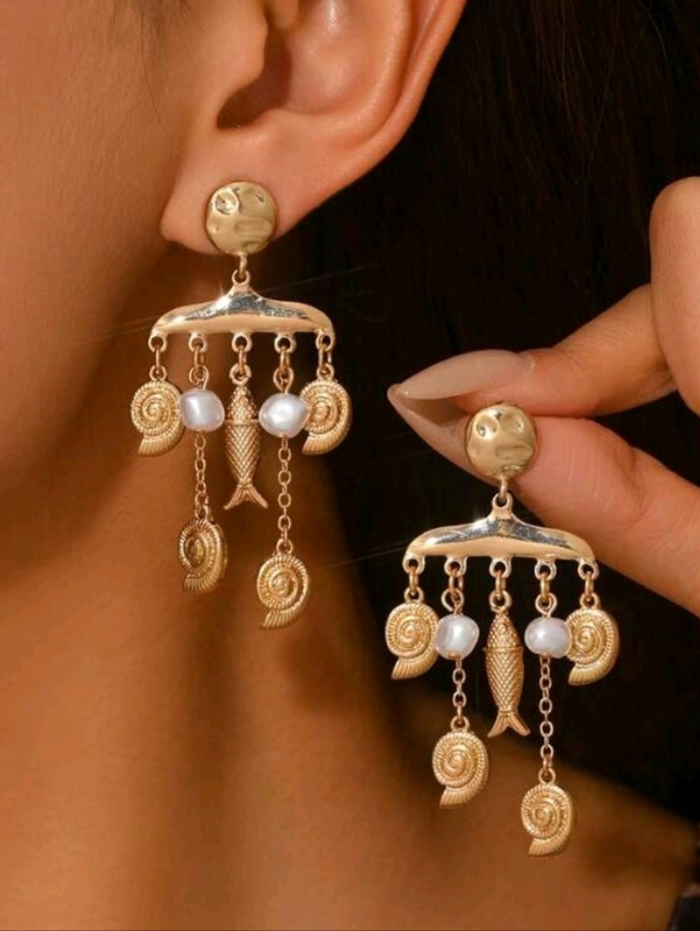 NEW! 14K Gold Plated Sealife & Pearl Dangle Earrings - Women Jewelry - Picture 5 of 5